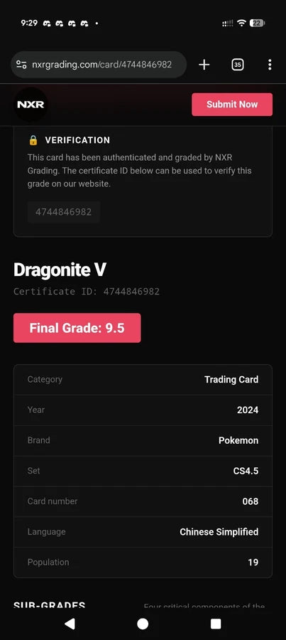 Pokémon TCG: 2024 Simplified Chinese Dragonite V SR #068/063 CS4.5 NXR 9.5 Low Pop
